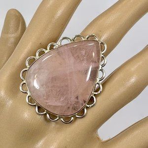 Rose Quartz Ring, Sterling Silver, Handmade, Artisan, 1 1/2" Long, Adjustable